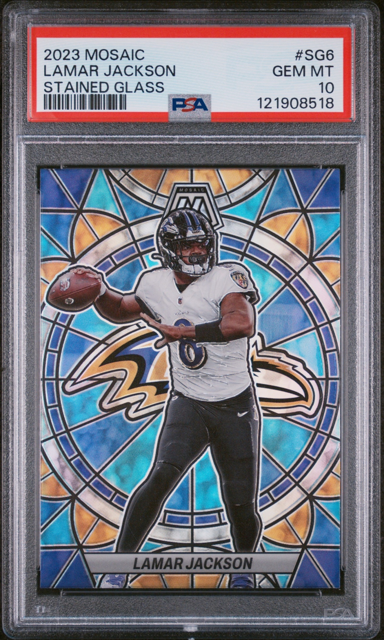 Card image for 2023 Panini Football Mosaic Lamar Jackson Stained Glass #SG-6 Baltimore Ravens