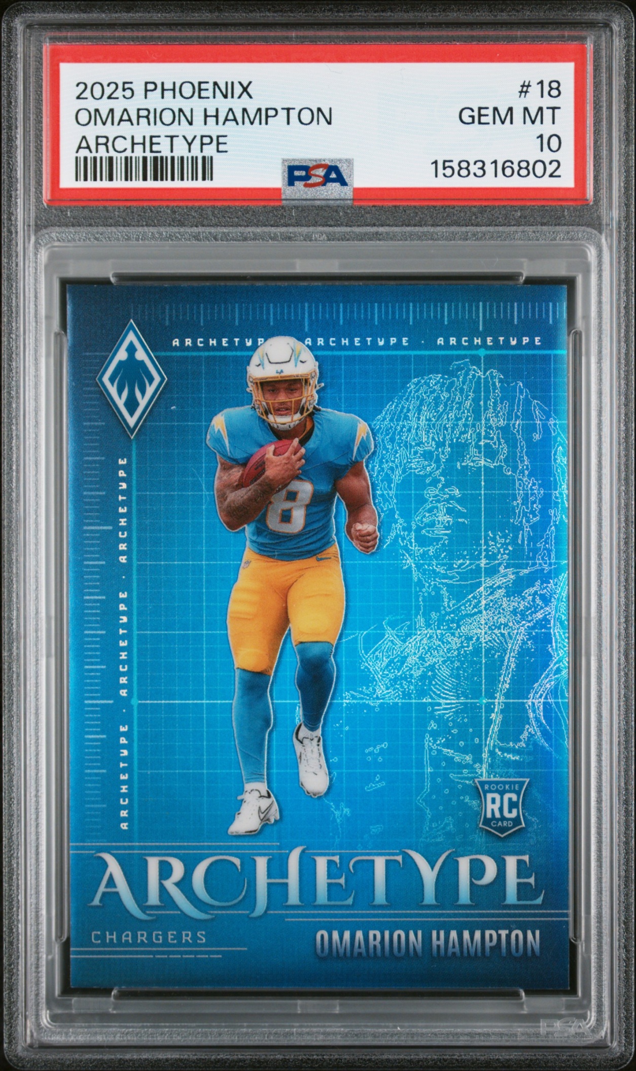 Card image for 2025 Panini Phoenix Omarion Hampton Archetype #18 RC Chargers PSA 10