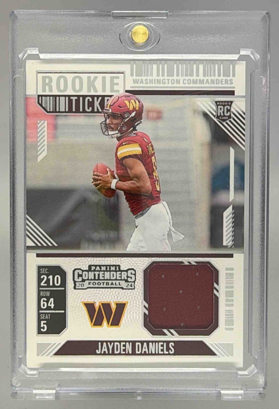 Card image for 2024 Panini Contenders Jayden Daniels Rookie Ticket Swatches Variation #RTS-JDS MEM RC VAR Commanders