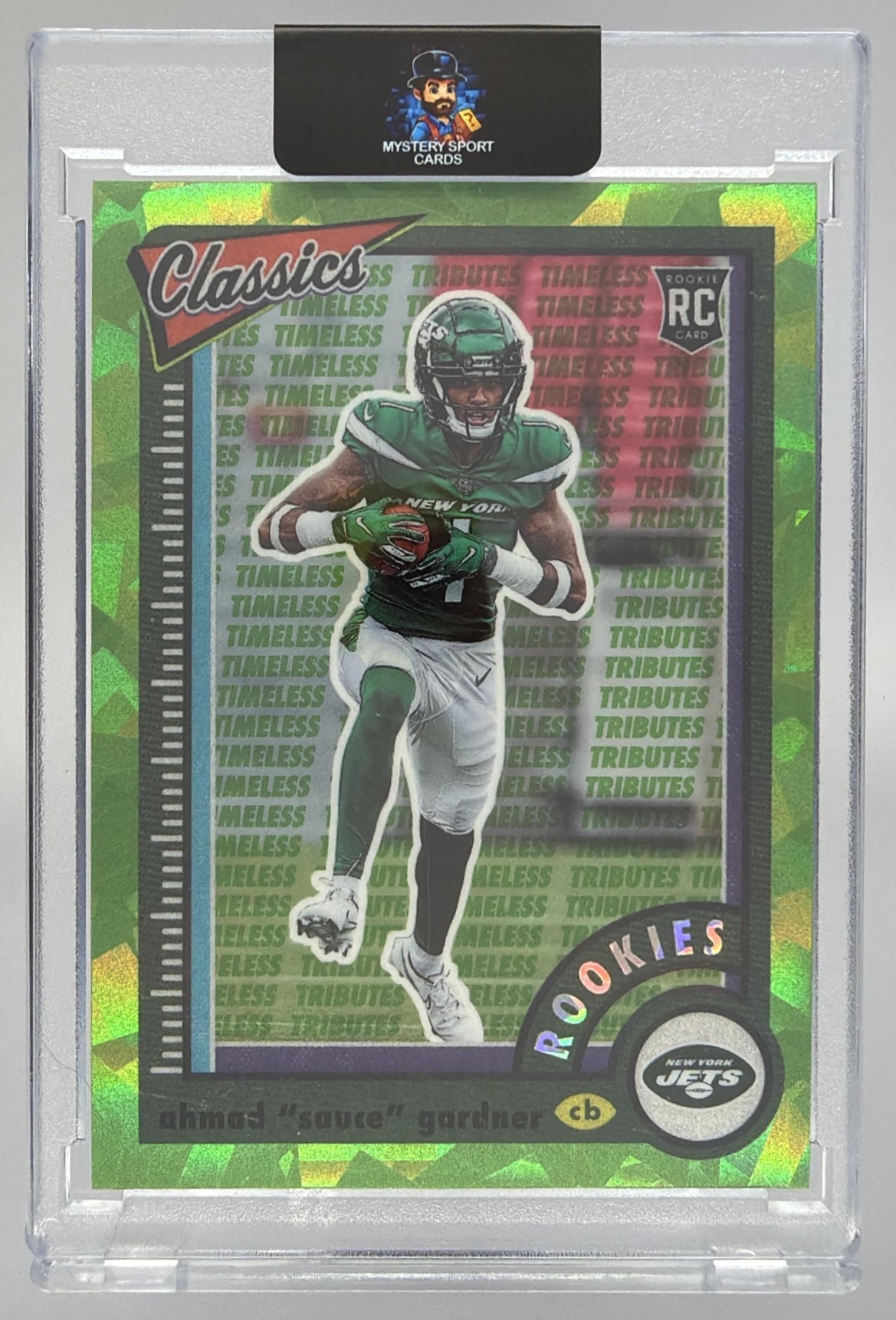Card image for 2022 Panini Classics Ahmad Sauce Gardner Timeless Tributes Green /25 #187 RC Jets