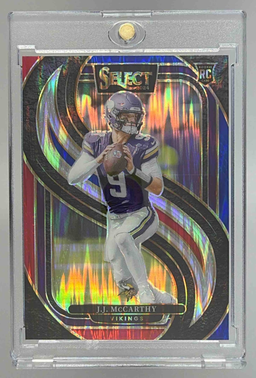 Card image for 2024 Panini Select J.J. McCarthy Premier Silver Prizm Die-Cut #134 RC Vikings