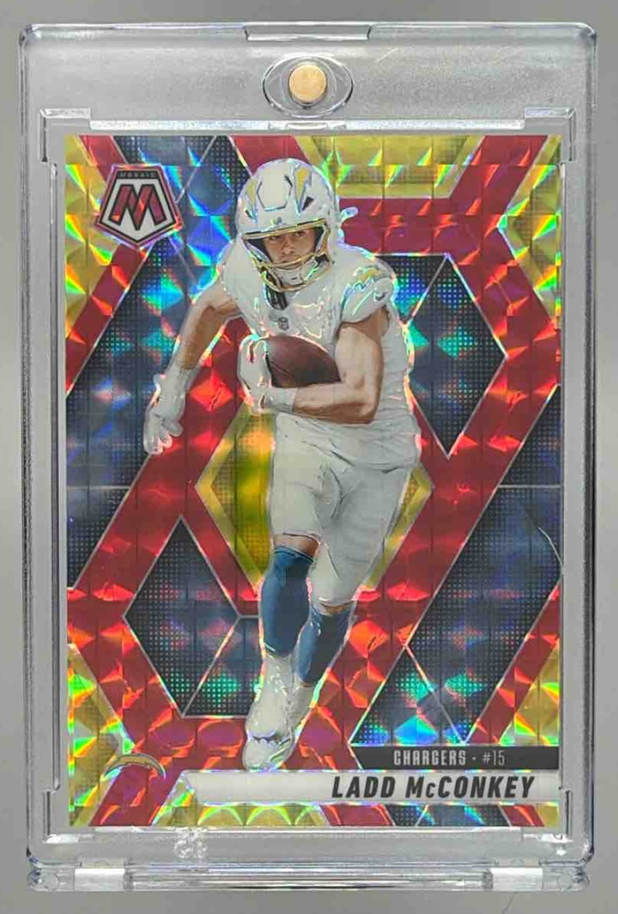 Card image for 2025 Panini Mosaic Ladd McConkey Choice Fusion Red & Yellow Prizm /89 #15 Chargers