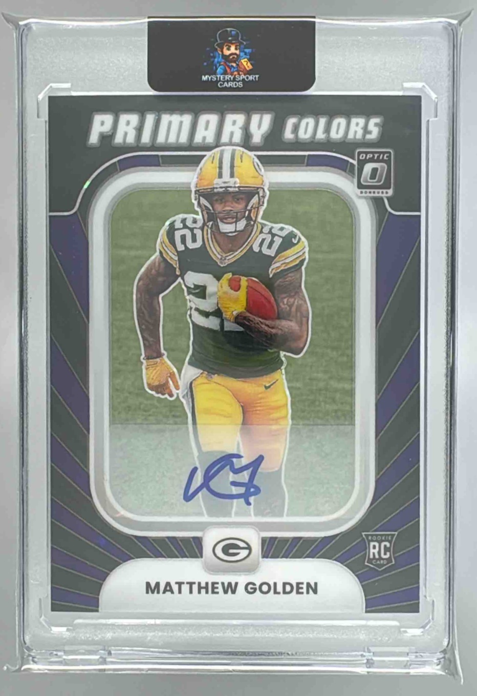 Card image for 2025 Panini Donruss Optic Matthew Golden Hidden Potential Auto Purple Stars Prizm /25 #6 RC Packers