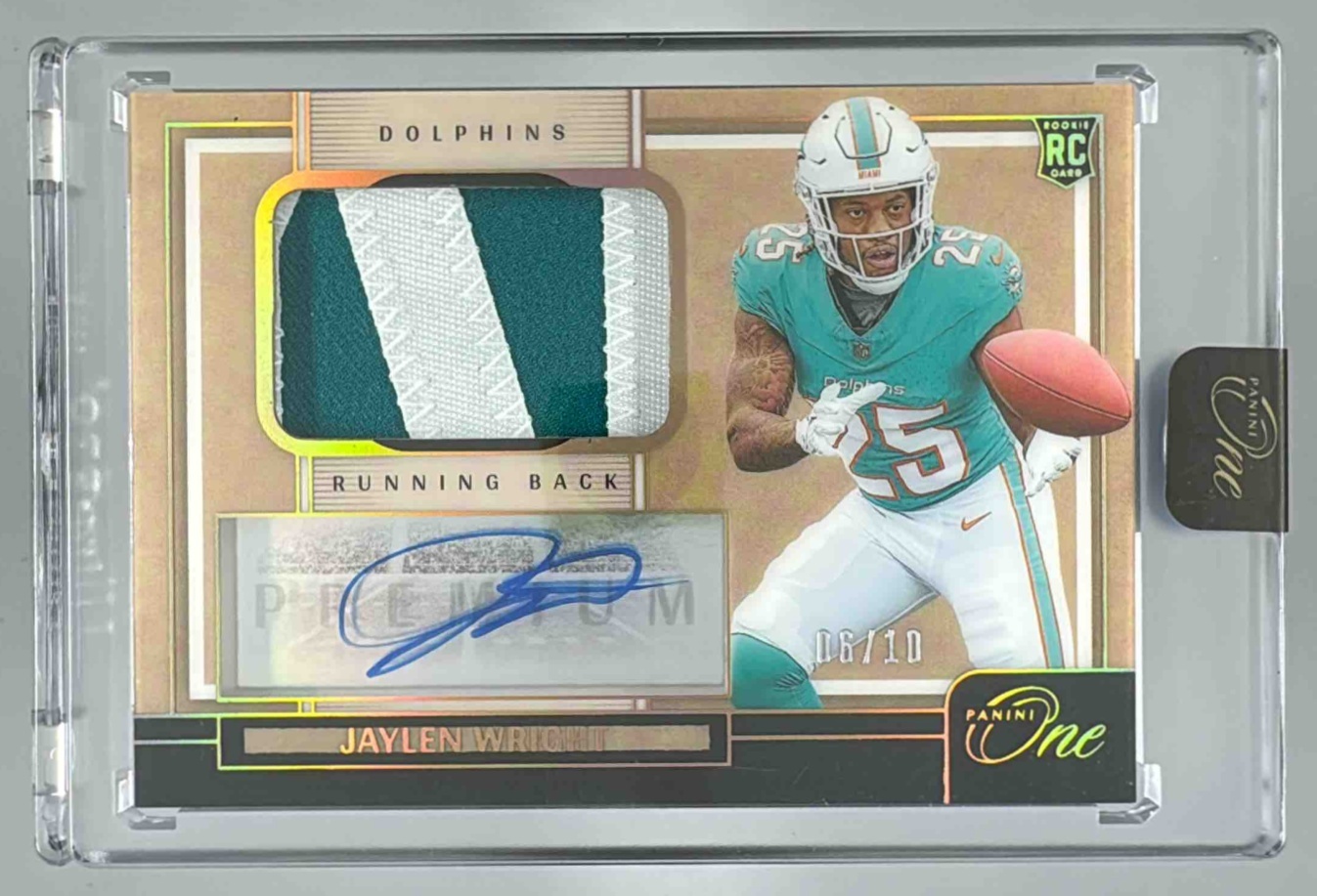 Card image for 2024 Panini One Jaylen Wright Premium Rookie Patch Auto /99 #129 MEM RC Dolphins