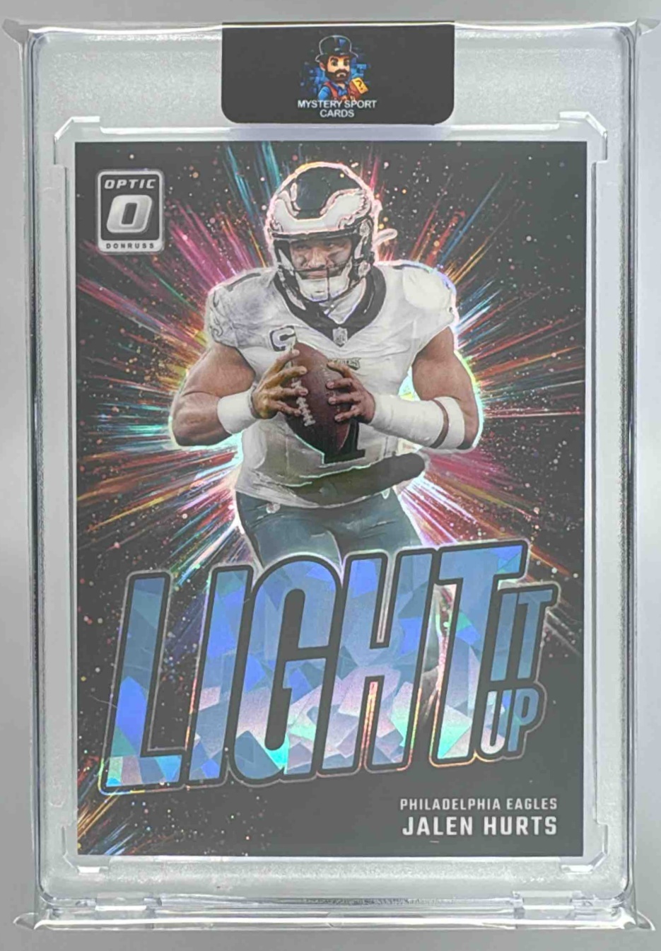 Card image for 2024 Panini Donruss Optic Jalen Hurts Light It Up Ice /15 #19 Eagles