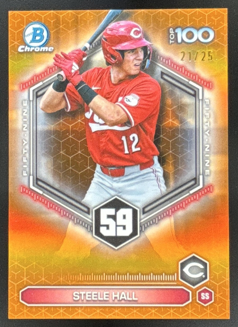 Card image for 2026 Bowman Steele Hall Scouts Top 100 Chrome Orange Refractor /25