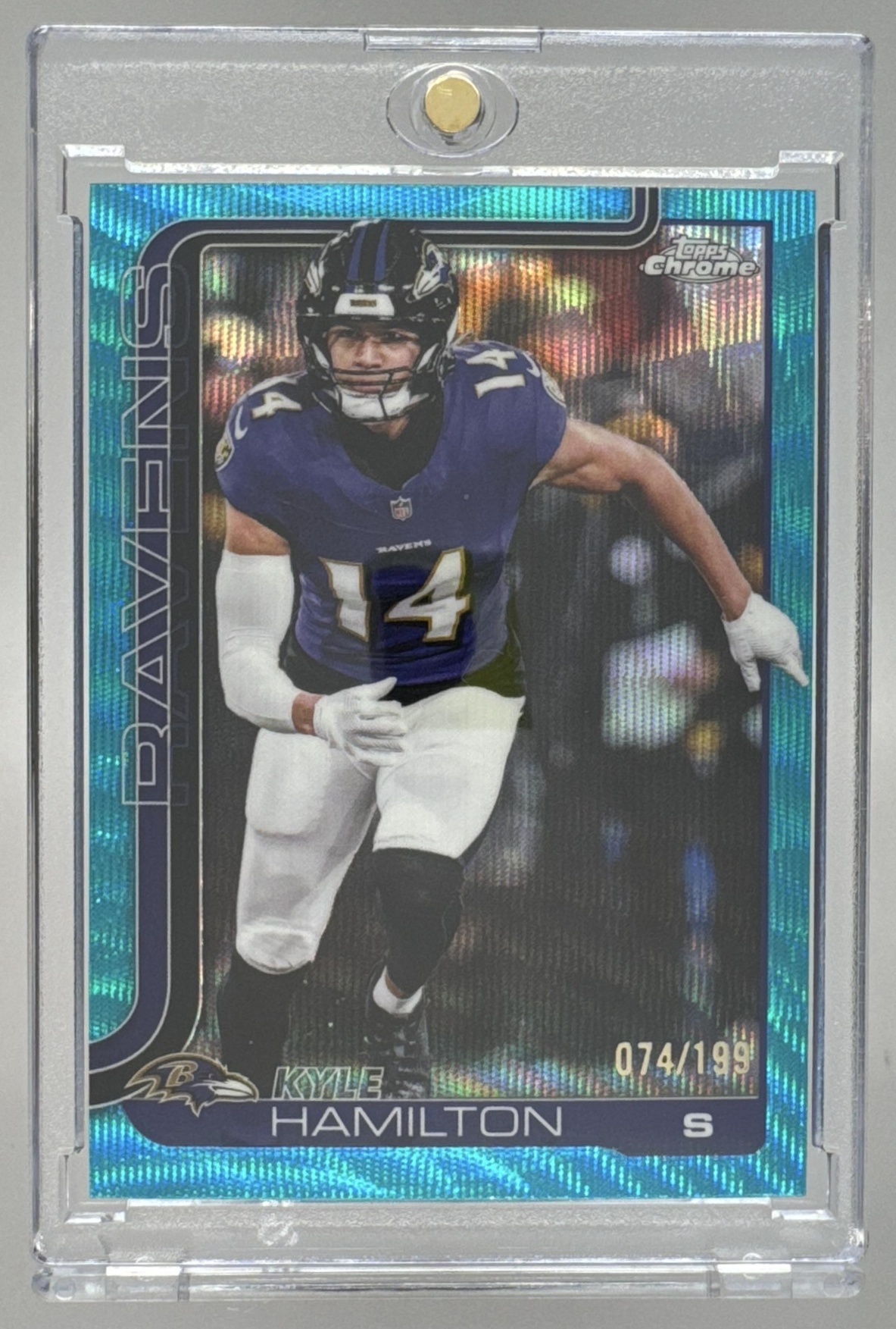 Card image for 2025 Topps Chrome Kyle Hamilton Aqua Refractor /199 #29 Ravens