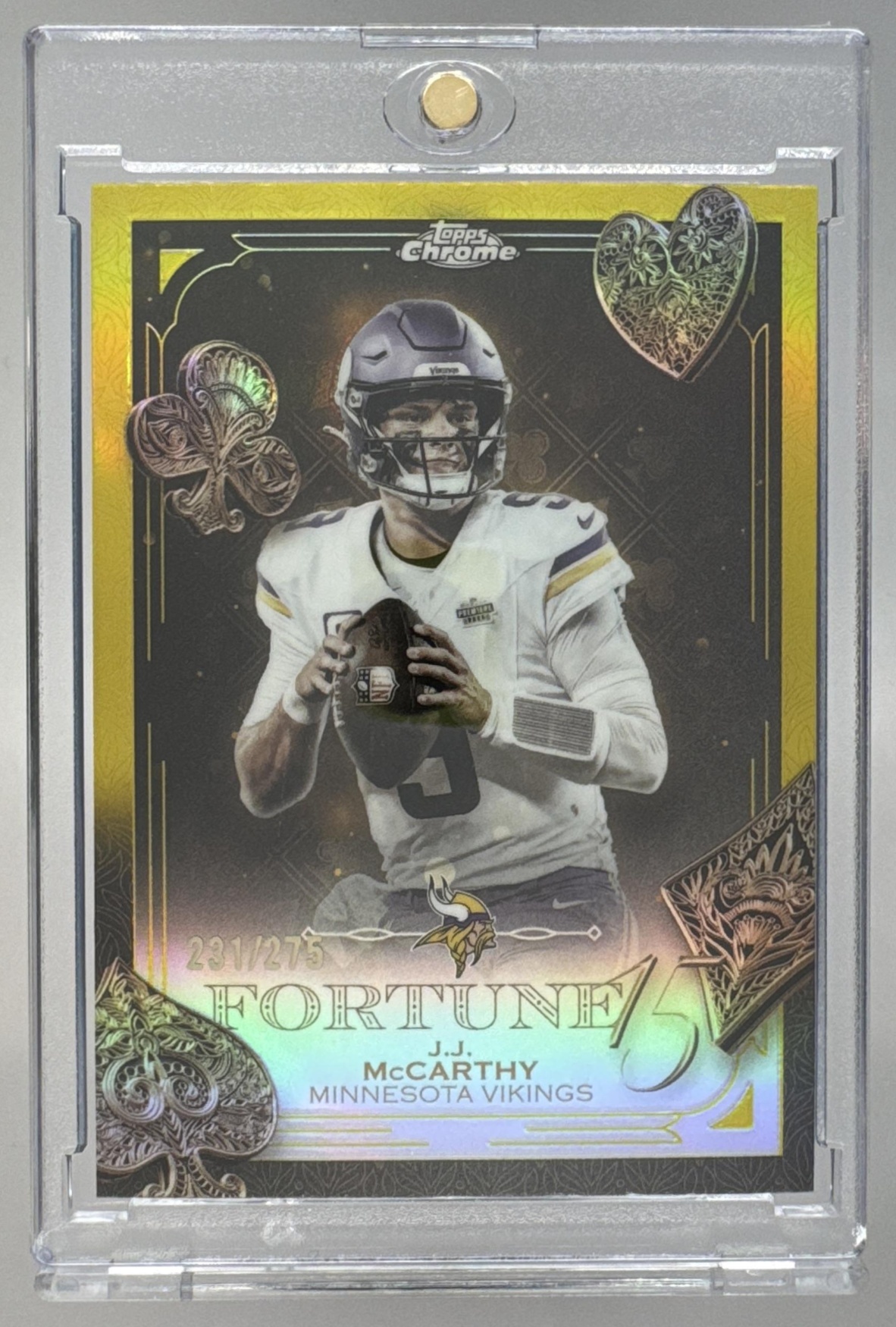 Card image for 2025 Topps Chrome J.J. McCarthy Fortune 15 Yellow Refractor /275 #F15-18 Vikings