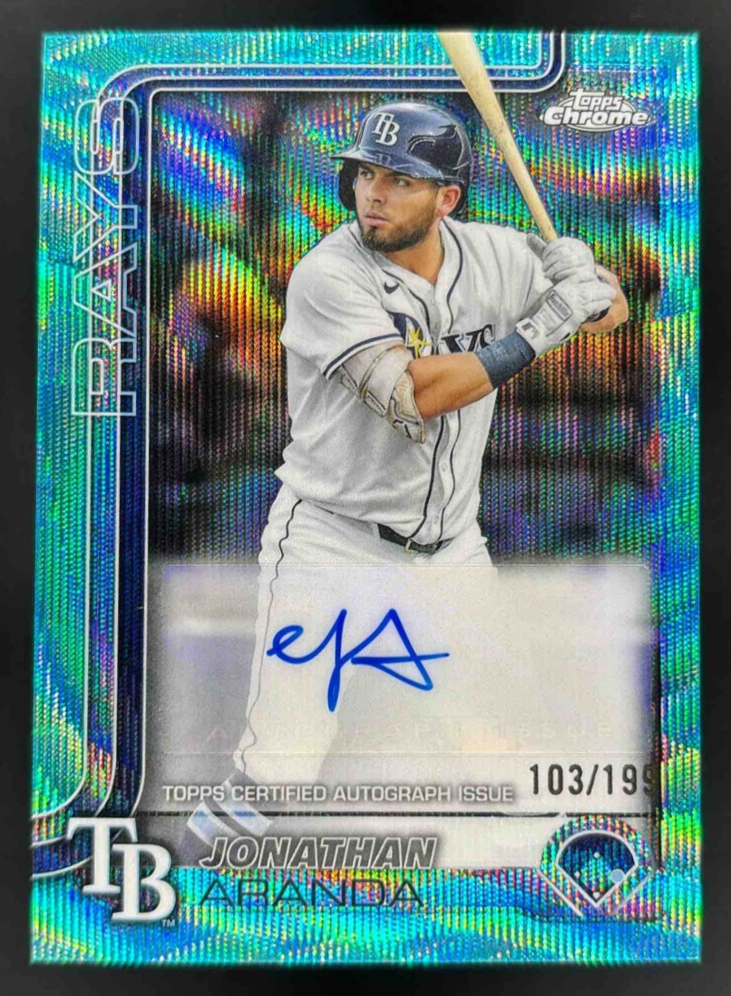 Card image for 2025 Topps Chrome Update Jonathan Aranda Auto Aqua Wave Refractor /199