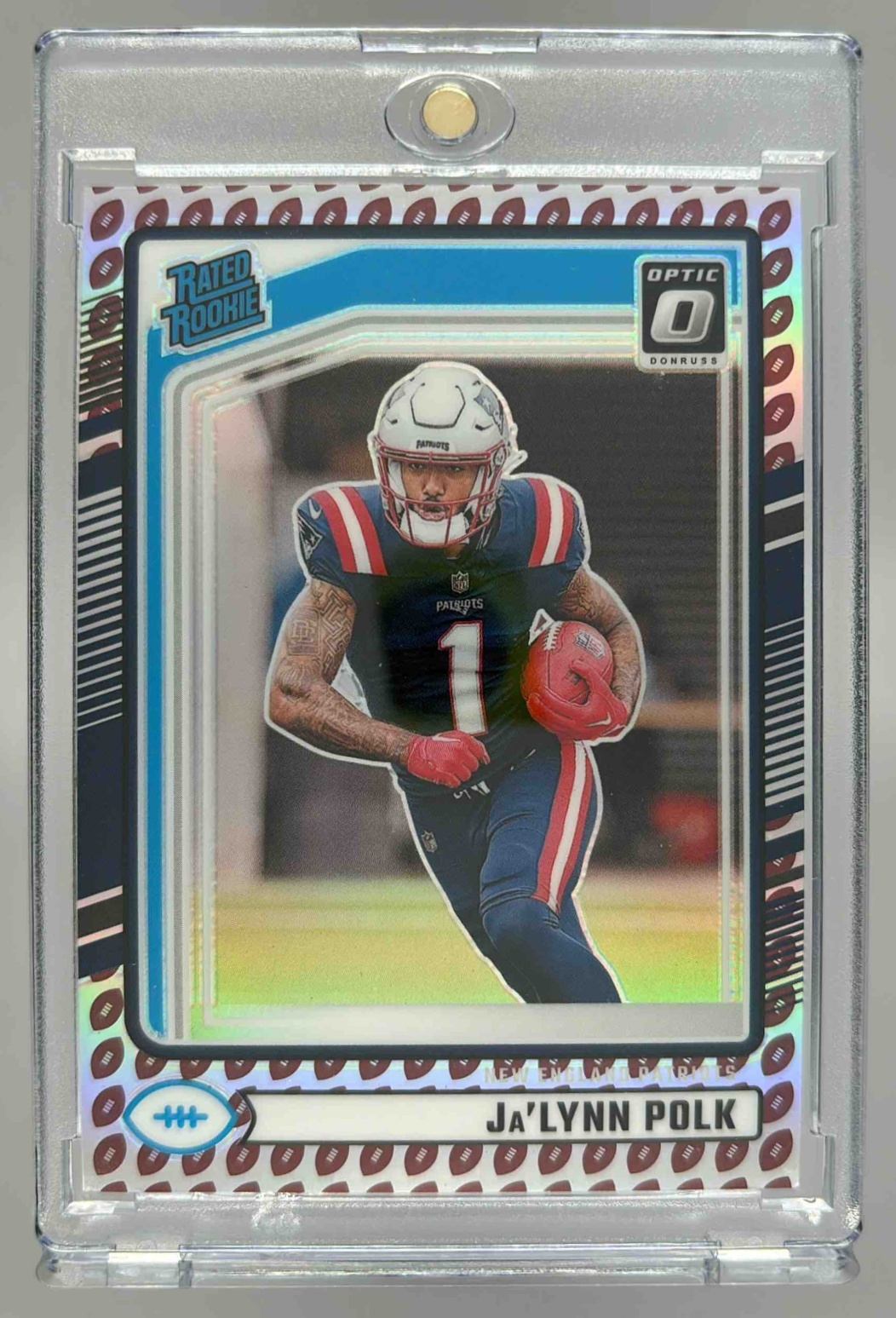 Card image for 2024 Panini Donruss Ja'Lynn Polk Optic Rated Rookie Preview Football Emoji #373 RC Patriots