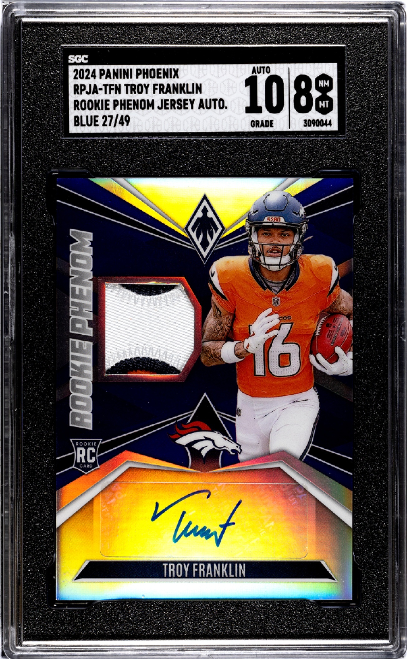 Card image for 2024 Panini Phoenix Troy Franklin Rookie Phenom Jerseys Auto Blue /49 #RPJA-TFN MEM RC Broncos
