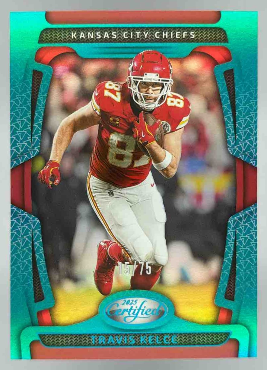 Card image for 2025 Panini Certified Travis Kelce Mirror Teal /75 #48 Chiefs