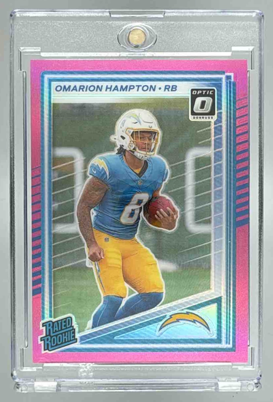 Card image for 2025 Panini Donruss Omarion Hampton Optic Rated Rookie Preview Pink #303 RC Chargers