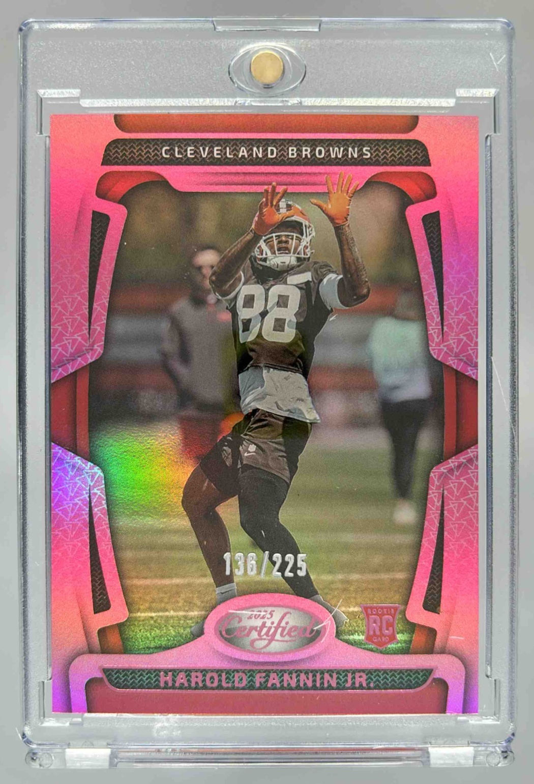 Card image for 2025 Panini Certified Harold Fannin Jr. Rookies Mirror Pink /225 #178 RC Browns