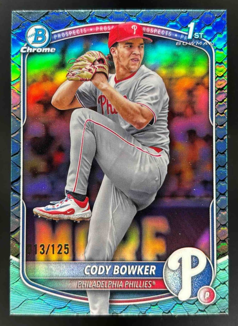 Card image for 2025 Bowman Draft Cody Bowker Chrome Aqua Reptilian Refractor /125 1st Prospect