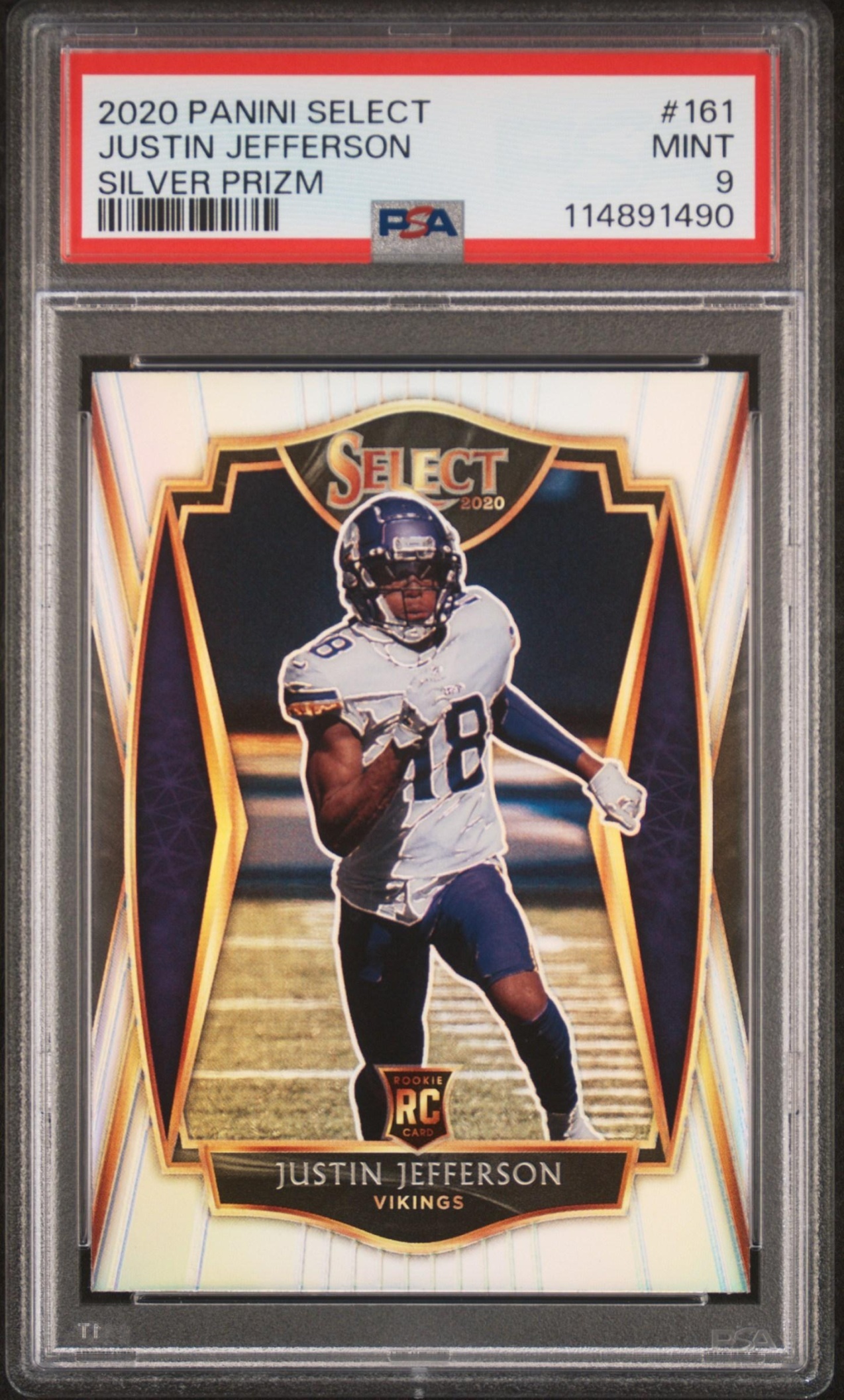 Card image for 2020 Panini Select Justin Jefferson Silver Prizm #161 RC Premier Level Vikings
