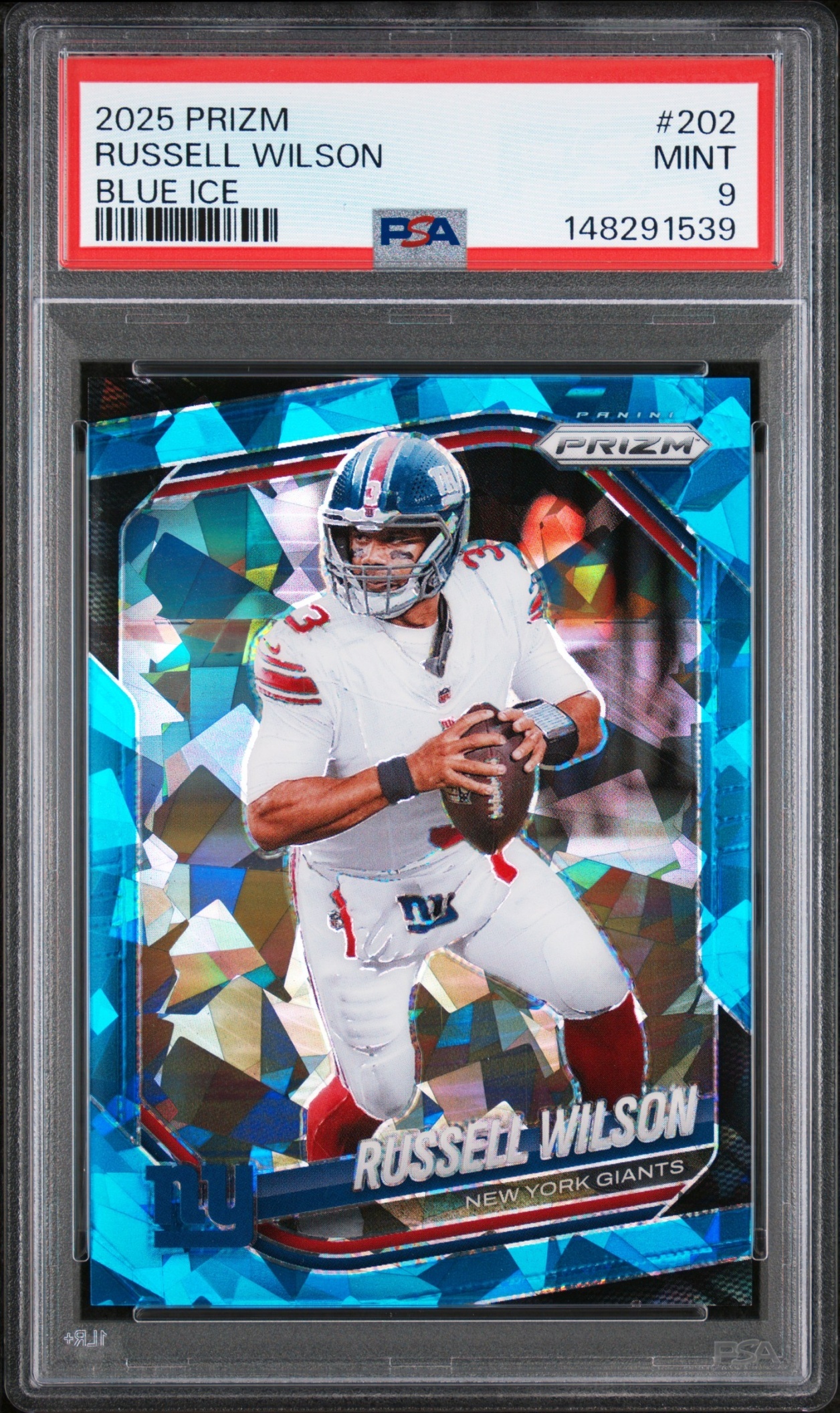 Card image for 2025 Panini Football Prizm Russell Wilson Blue Ice /99 #202 New York Giants