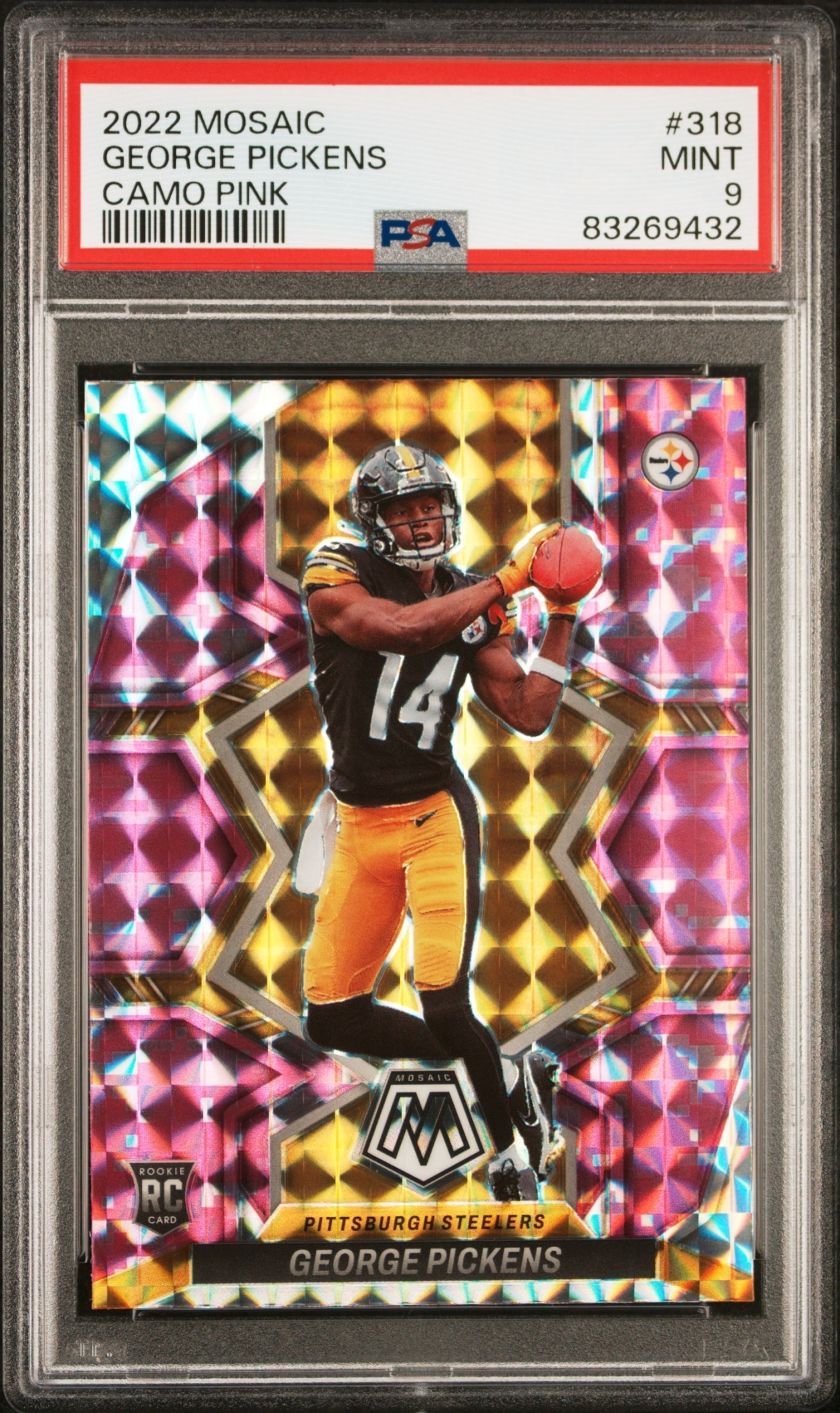 Card image for 2022 Panini Mosaic George Pickens Mosaic Camo Pink #318 RC Steelers