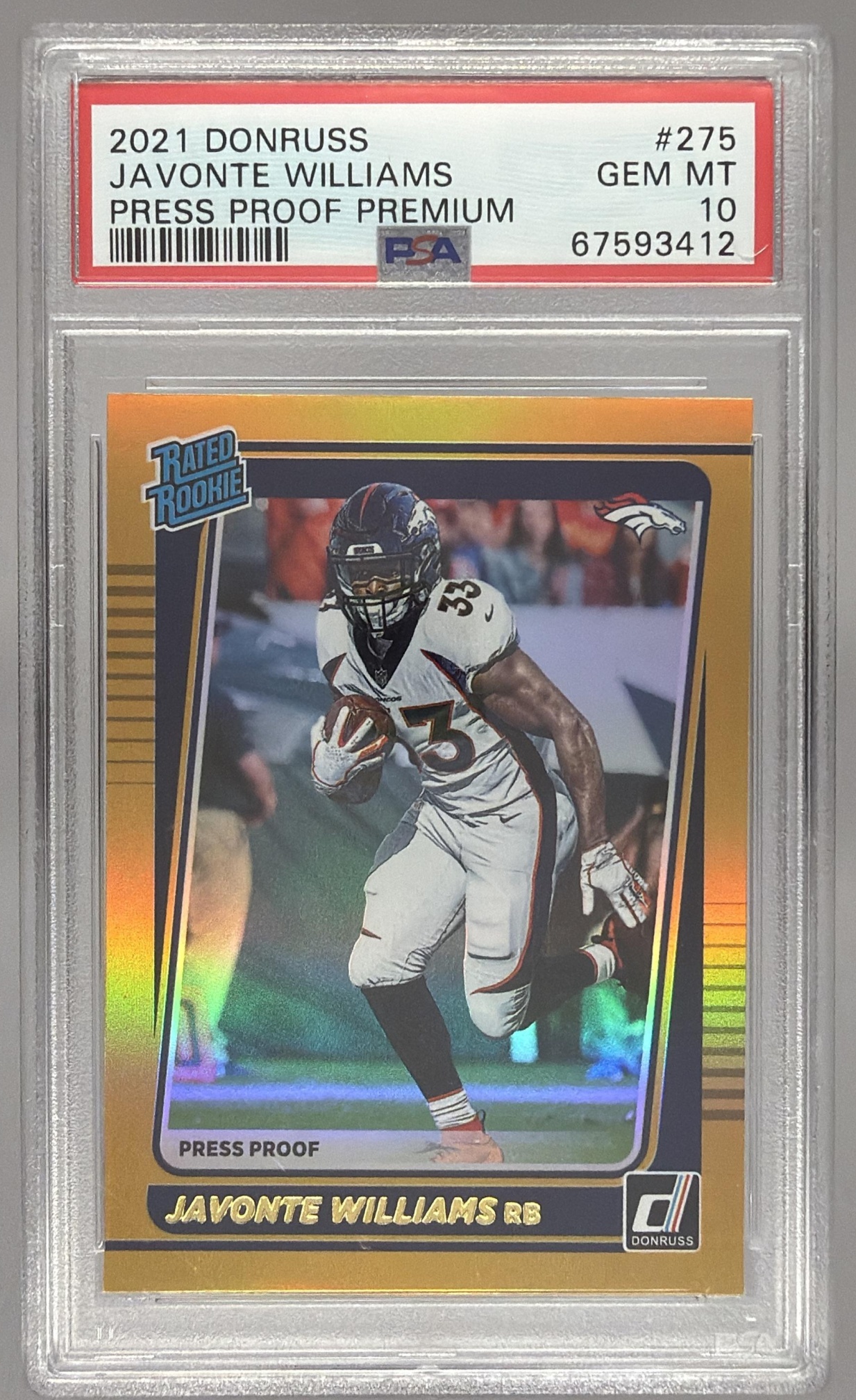 Card image for 2021 Panini Donruss Javonte Williams Press Proof Premium #275 RC Rated Rookie Broncos