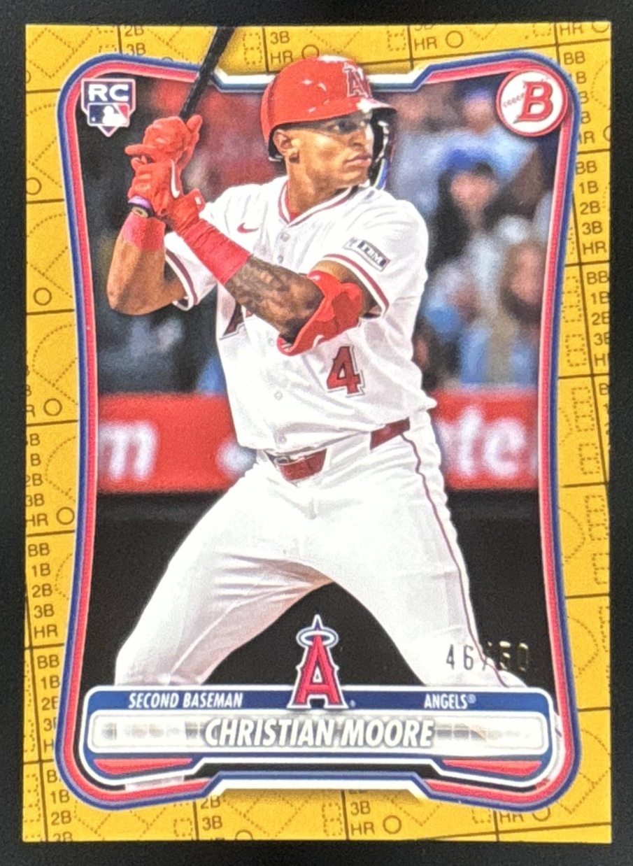 Card image for Christian Moore 2026 Bowman Gold Pattern /50 Los Angeles Angels