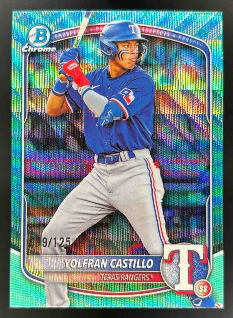 Card image for 2025 Bowman Draft Yolfran Castillo Chrome Aqua Wave Refractor /125