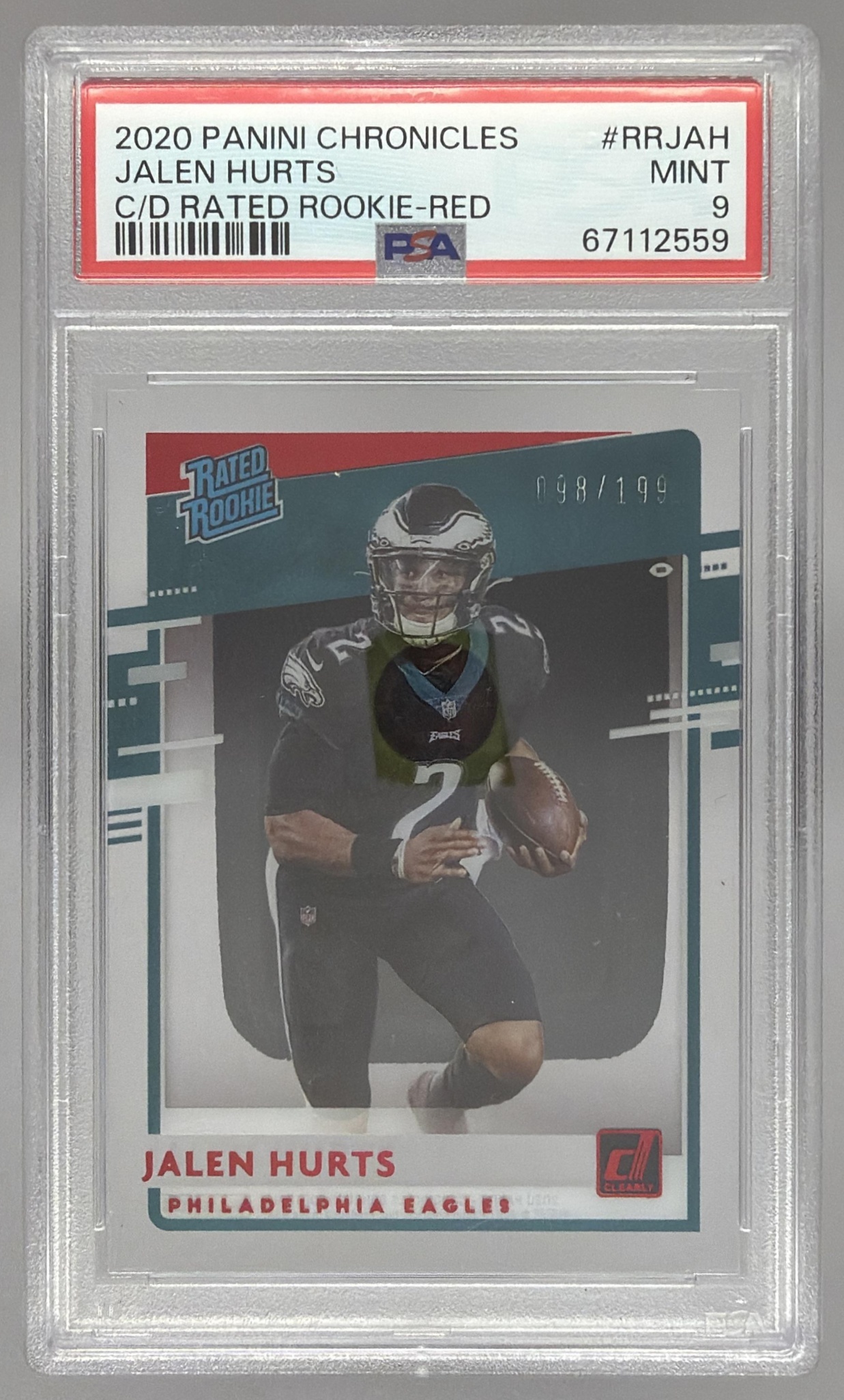 Card image for 2020 Panini Chronicles Jalen Hurts Clearly Donruss Rated Rookie Red /199 #RR-JAH RC Eagles