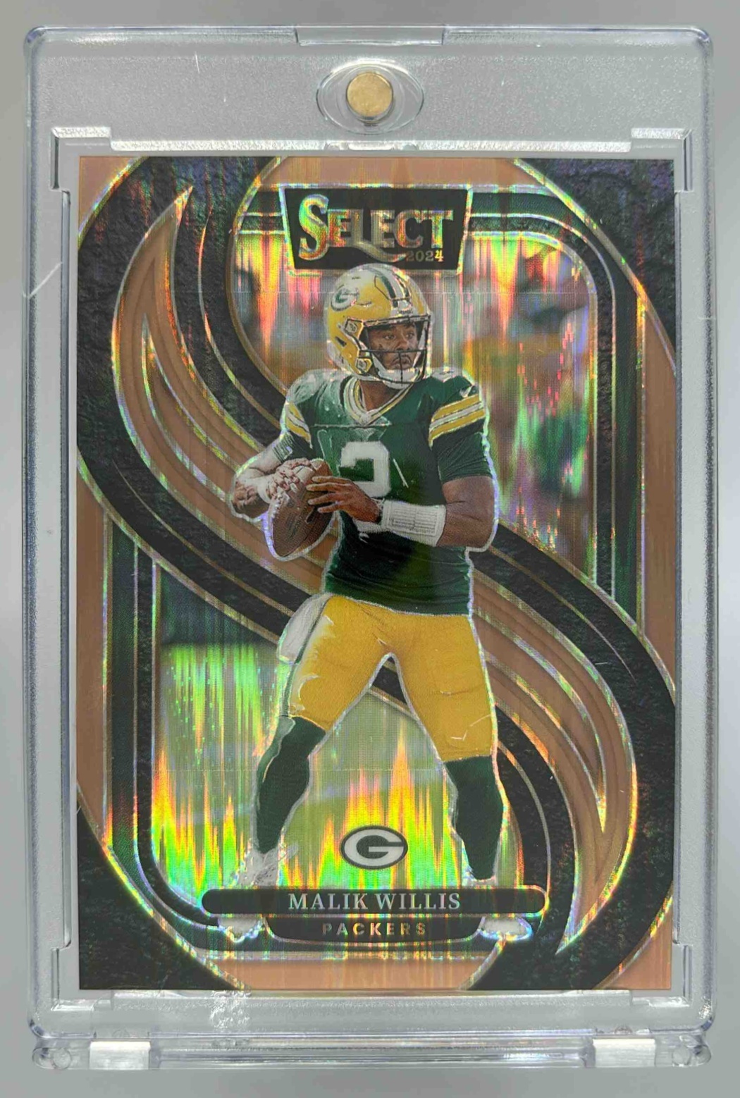 Card image for 2024 Panini Select Malik Willis Premier Copper Prizm Shock /299 #180 Packers