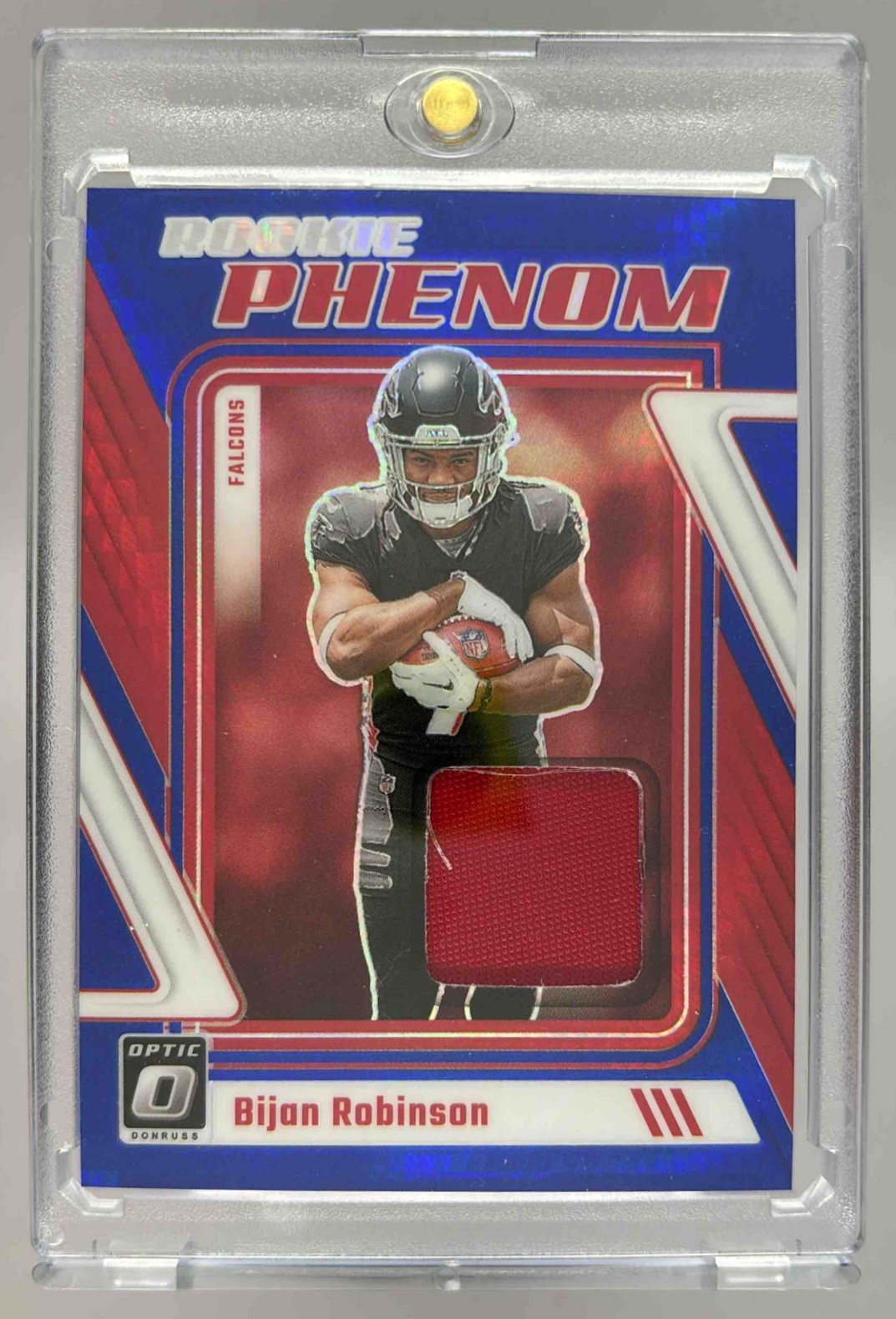 Card image for 2023 Panini Donruss Optic Bijan Robinson Rookie Phenom Blue Hyper #RP-BR MEM RC Falcons