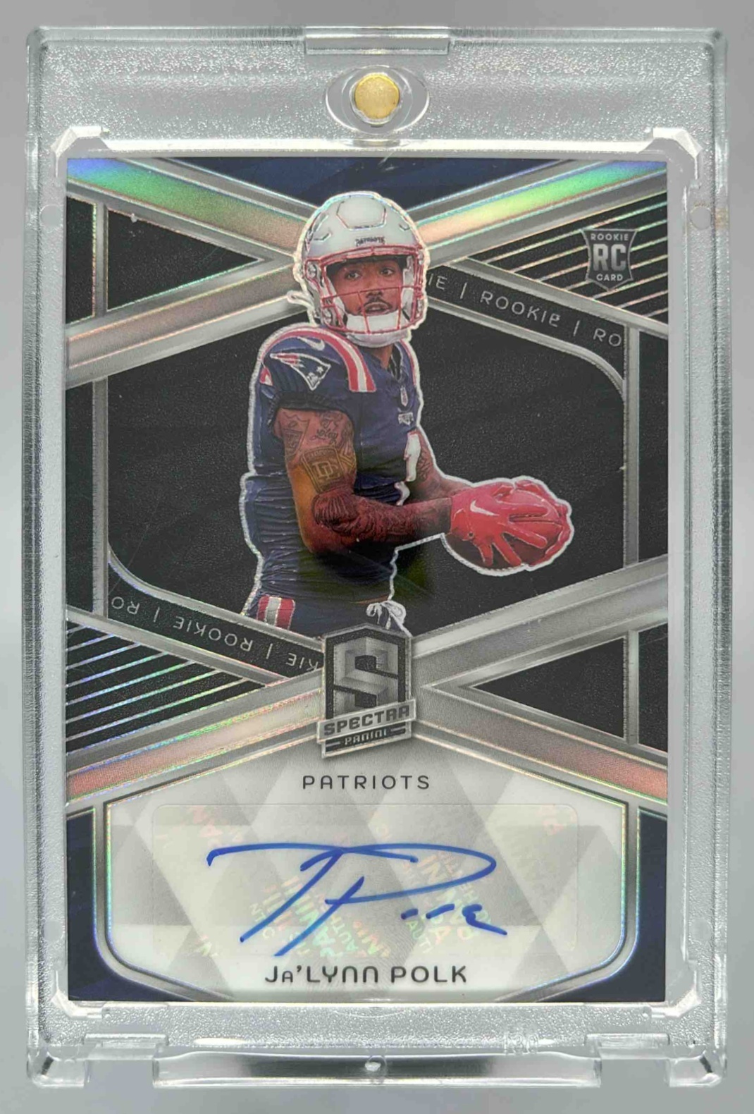 Card image for 2024 Panini Spectra Ja'Lynn Polk Radiant Rookie Patch Signatures /99 #RRP-JPK RC Auto Patriots
