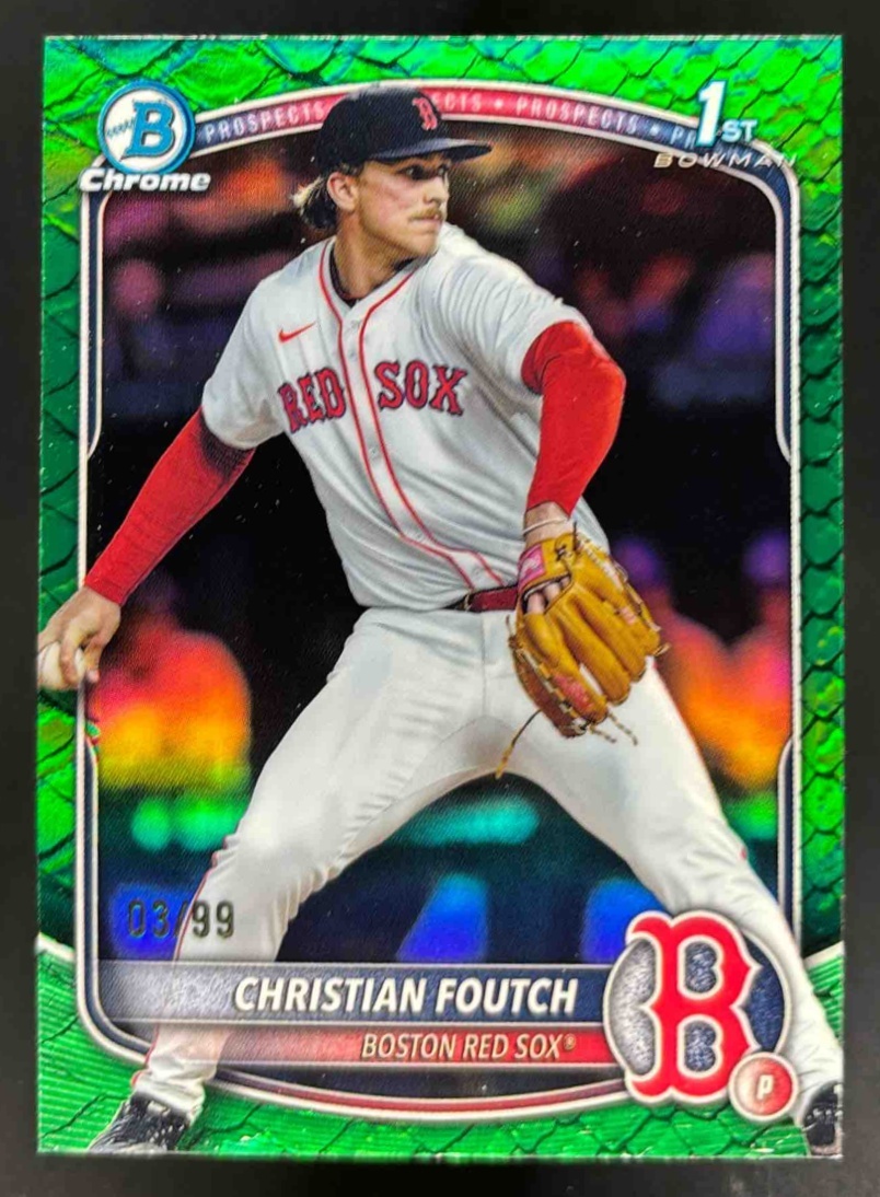 Card image for 2025 Bowman Draft Christian Foutch Chrome Green Reptilian Refractor /99 1st