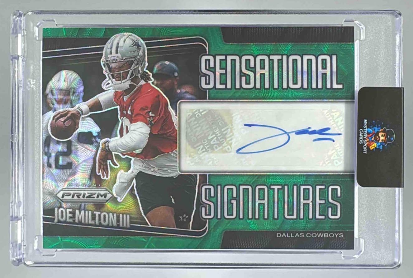 Card image for 2025 Panini Prizm Joe Milton III Sensational Signatures Green Scope /75 #SEN-JMN Auto Cowboys