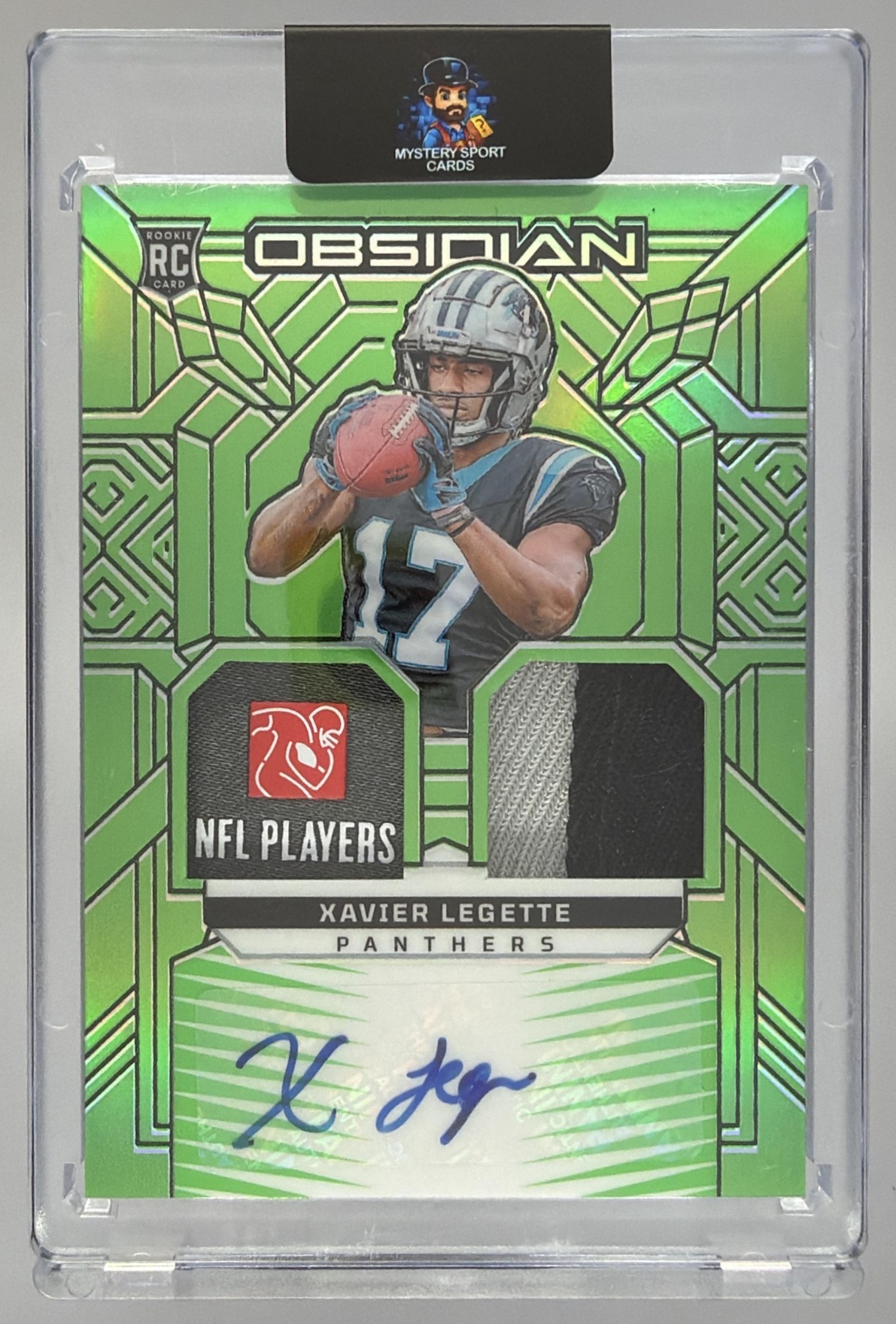 Card image for 2024 Panini Obsidian Xavier Legette Rookie Materials Ink Green /5 #RMI-XLE RC Auto Panthers