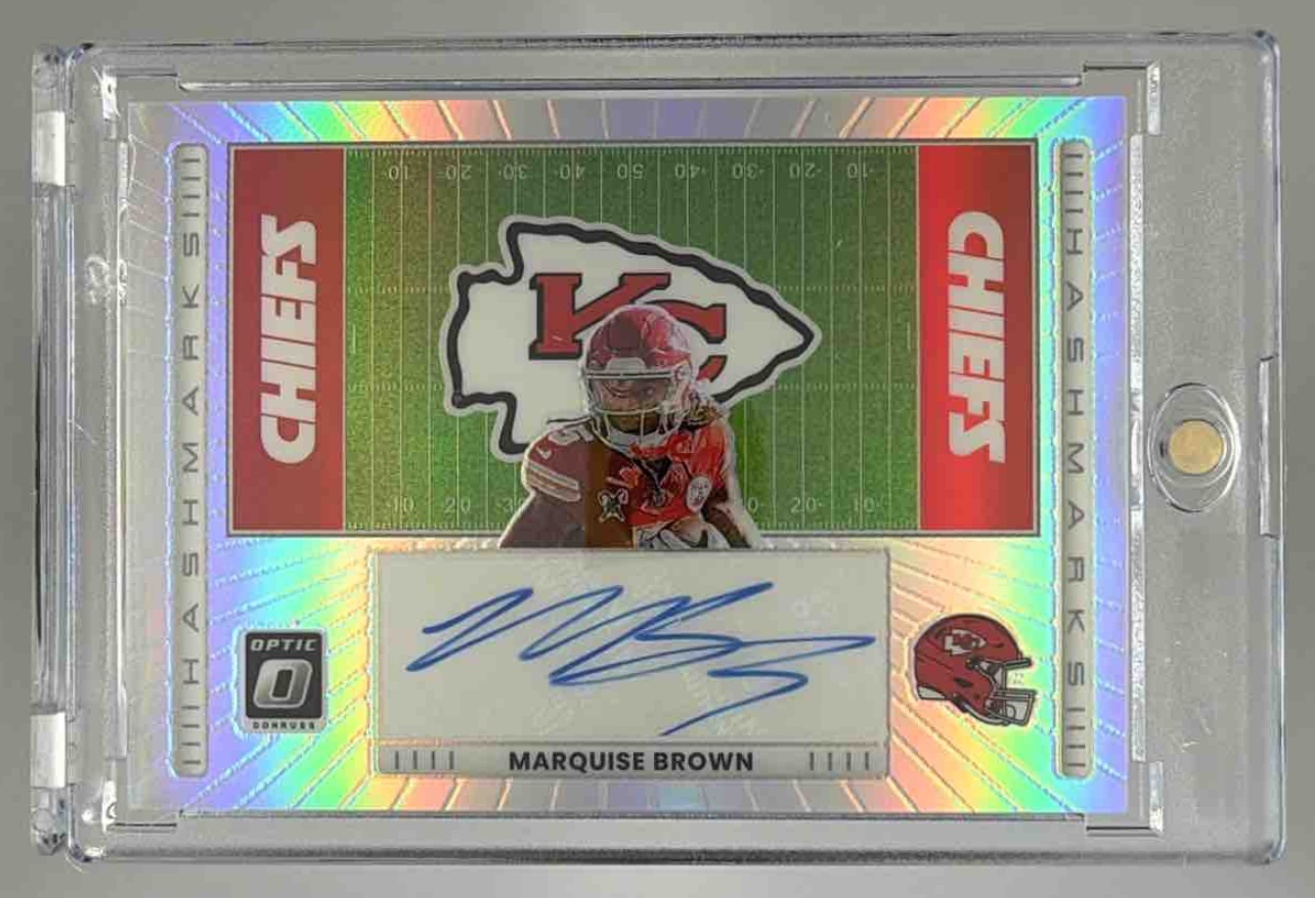 Card image for 2025 Panini Donruss Optic Marquise Brown Hash Mark Auto Holo Prizm #HM-MB Chiefs