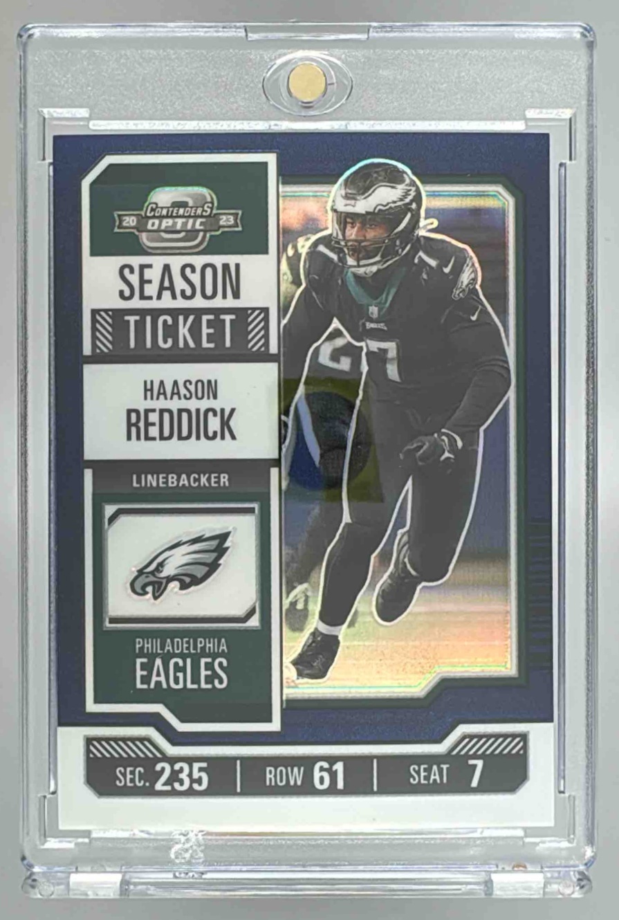 Card image for 2023 Panini Contenders Optic Haason Reddick Blue /99 #45 Season Ticket Eagles