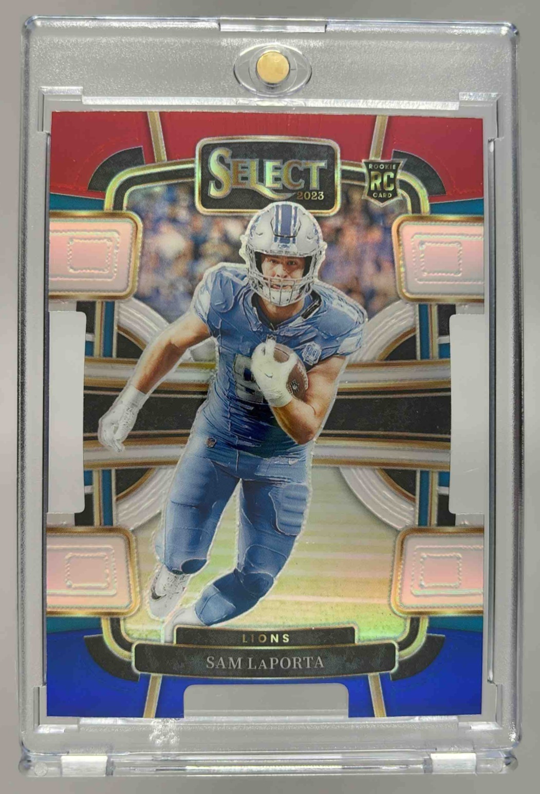 Card image for 2023 Panini Select Sam LaPorta Red and Blue Prizms Die Cut #35 RC Concourse Lions