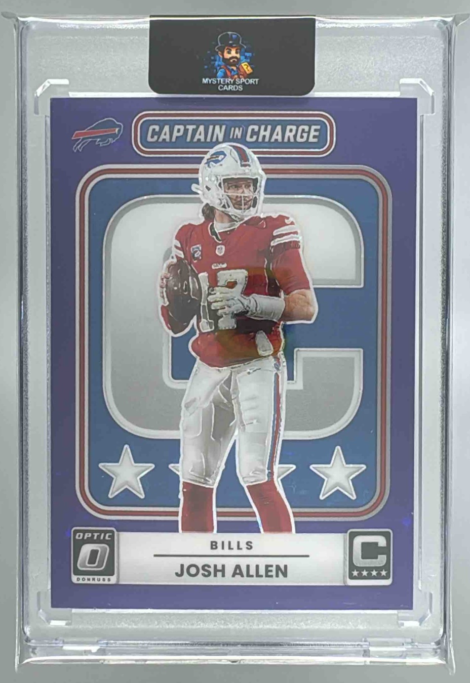 Card image for 2025 Panini Donruss Optic Josh Allen Captain in Charge Purple Stars Prizm /25 #3 Bills