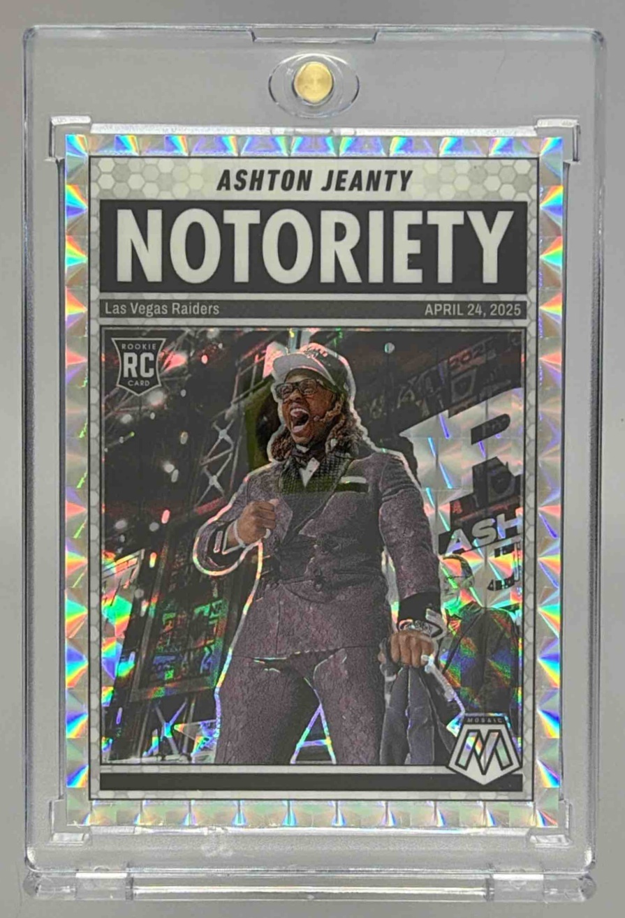 Card image for 2025 Panini Football Mosaic Ashton Jeanty Notoriety #18 RC Las Vegas Raiders
