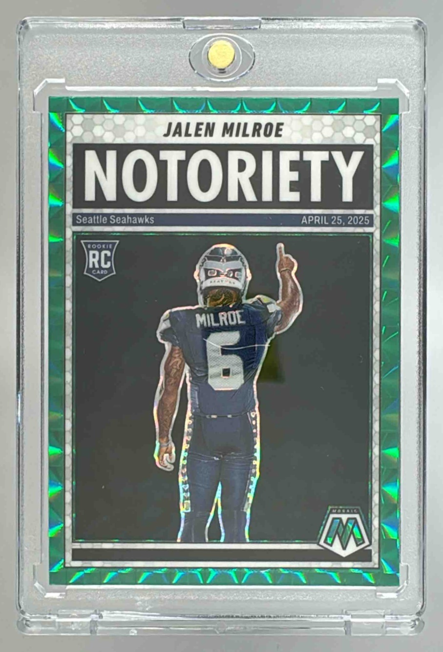 Card image for 2025 Panini Football Mosaic Jalen Milroe Notoriety #15 RC Seattle Seahawks