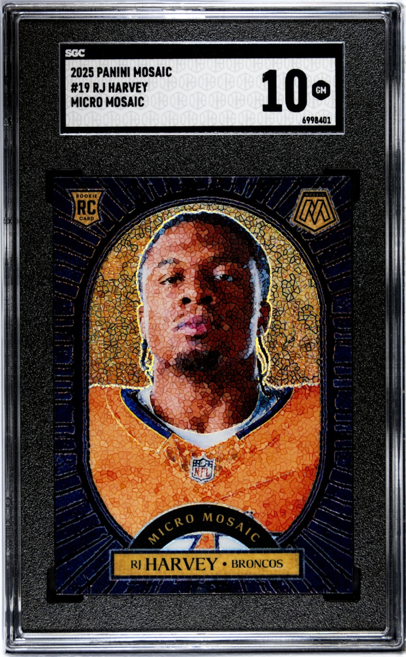 Card image for 2025 Panini Football Mosaic RJ Harvey Micro Mosaic #19 RC Denver Broncos