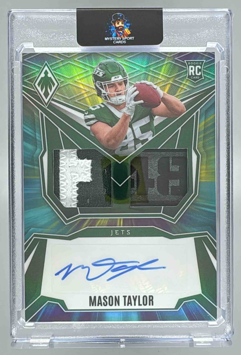 Card image for 2025 Panini Phoenix Mason Taylor RPS Dual Rookie Patch Auto Green Prizm /25 #DRP-MTR MEM RC Jets