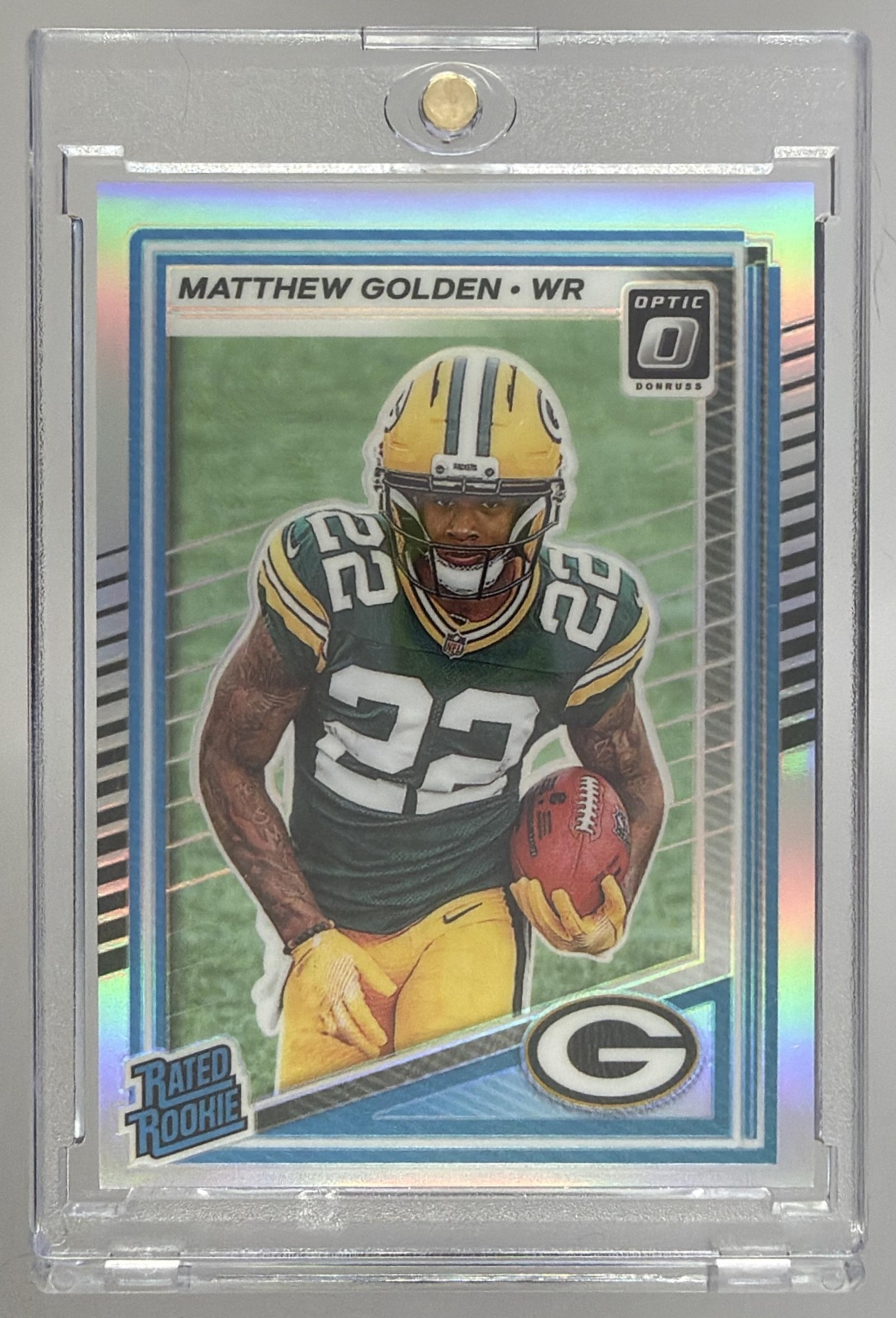 Card image for 2025 Panini Donruss Optic Matthew Golden Rated Rookie Green Hyper Prizm #205 Packers