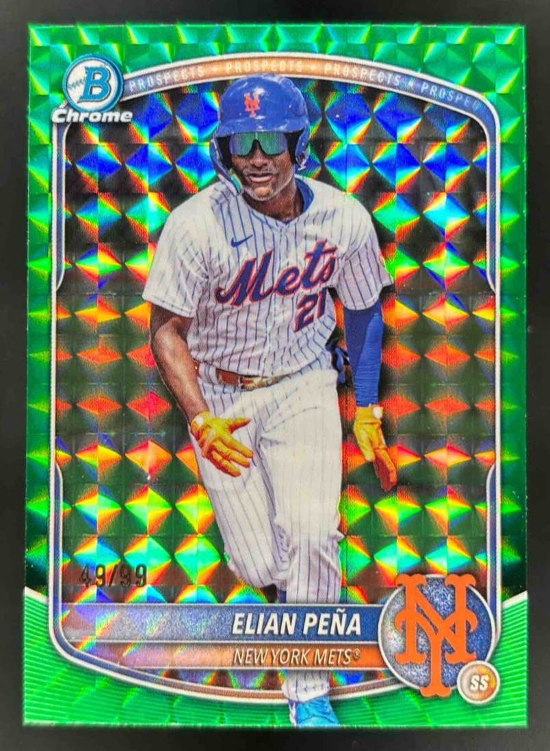 Card image for 2025 Bowman Draft Elian Pena Chrome Green Geometric Refractor /99 #BDC-115 Mets