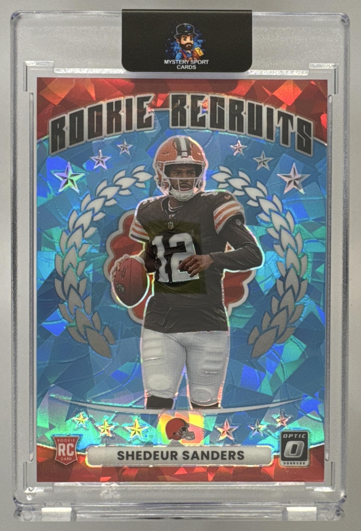 Card image for 2025 Panini Donruss Optic Shedeur Sanders Rookie Recruits Ice Prizm /55 #20 RC Browns