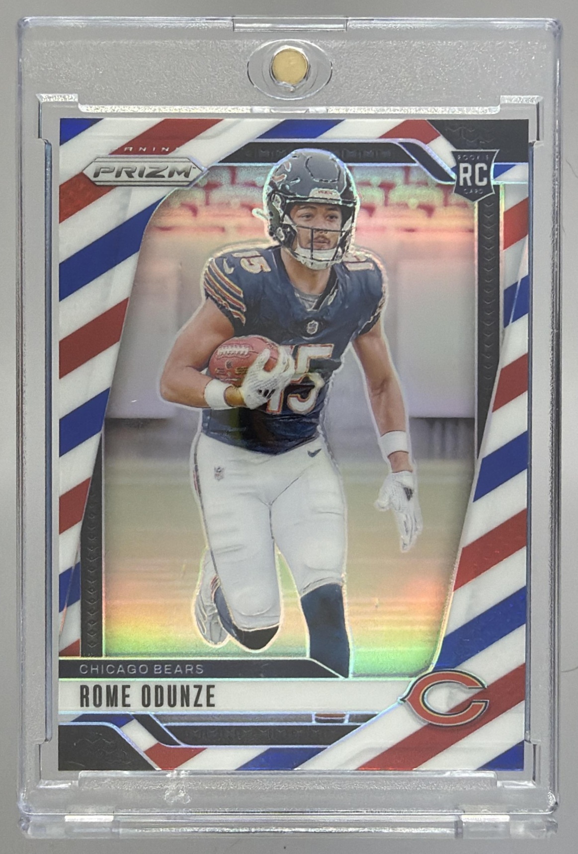 Card image for 2024 Panini Football Prizm Rome Odunze Red White and Blue #385 RC Chicago Bears