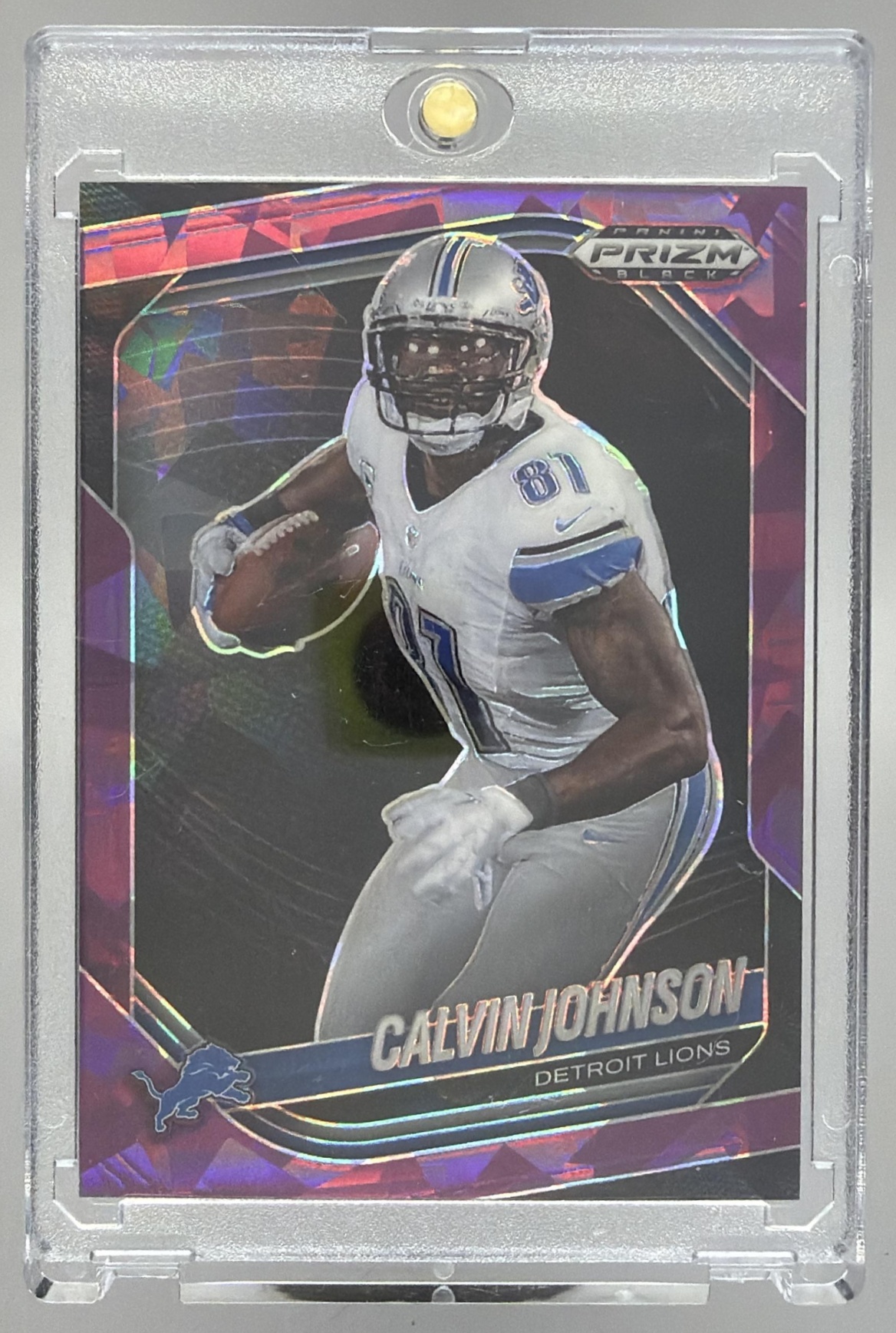 Card image for 2025 Panini Prizm Black Calvin Johnson Purple Ice /149 #56 Lions