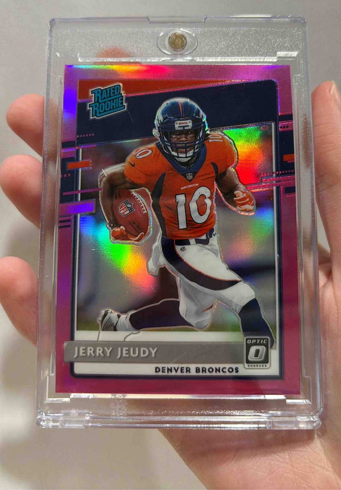 Card image for 2020 Panini Football Donruss Optic Jerry Jeudy Pink Prizm #157 RC Denver Broncos