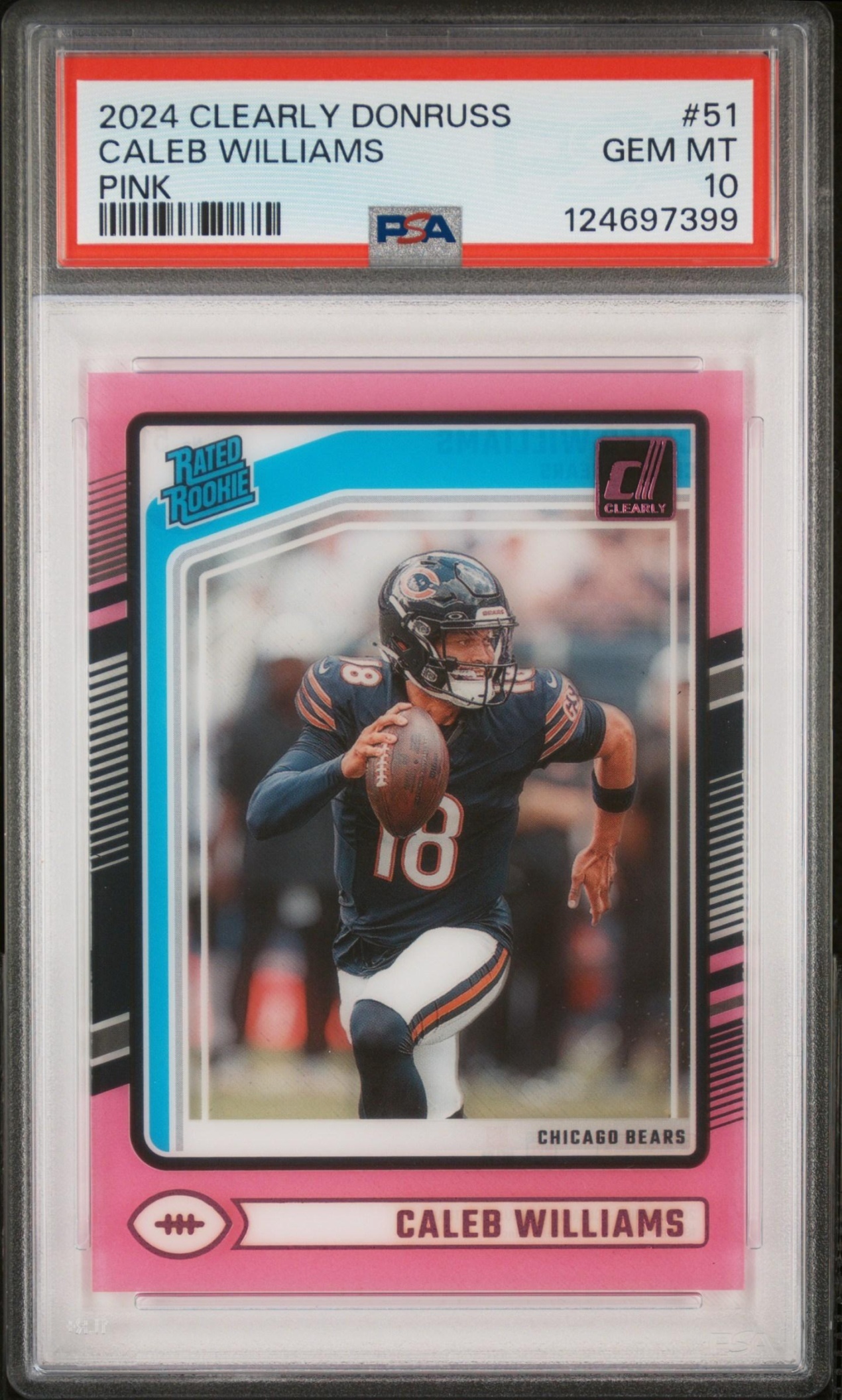 Card image for 2024 Panini Clearly Donruss Caleb Williams Pink #51 Rated Rookie Bears