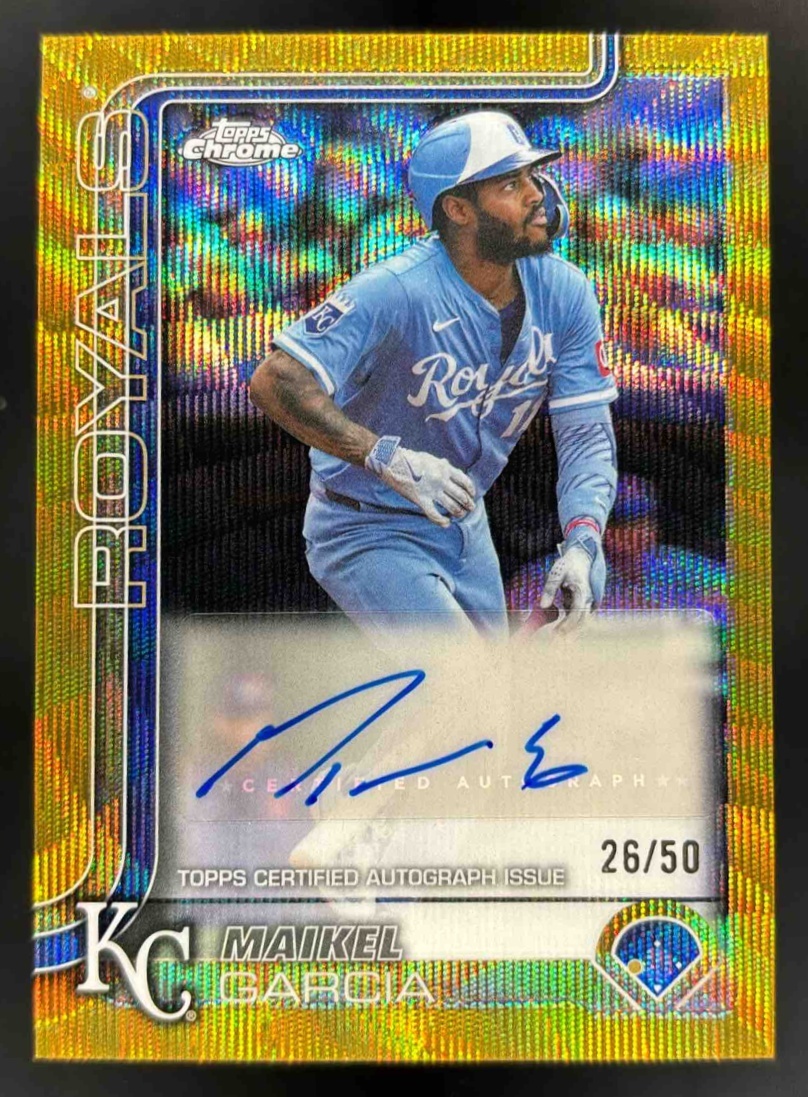 Card image for 2025 Topps Chrome Update Maikel Garcia Auto Gold Wave Refractor /50