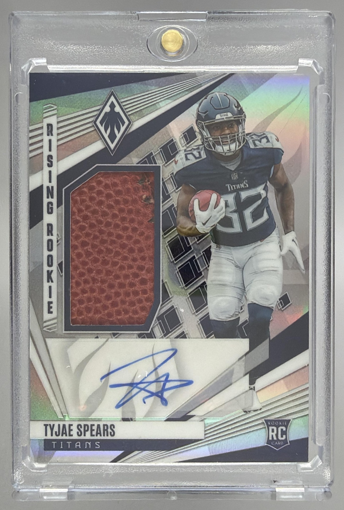 Card image for 2023 Panini Phoenix Tyjae Spears Rising Rookie Material Signature Helmet /25 #RMS-TSP RC MEM Auto Titans