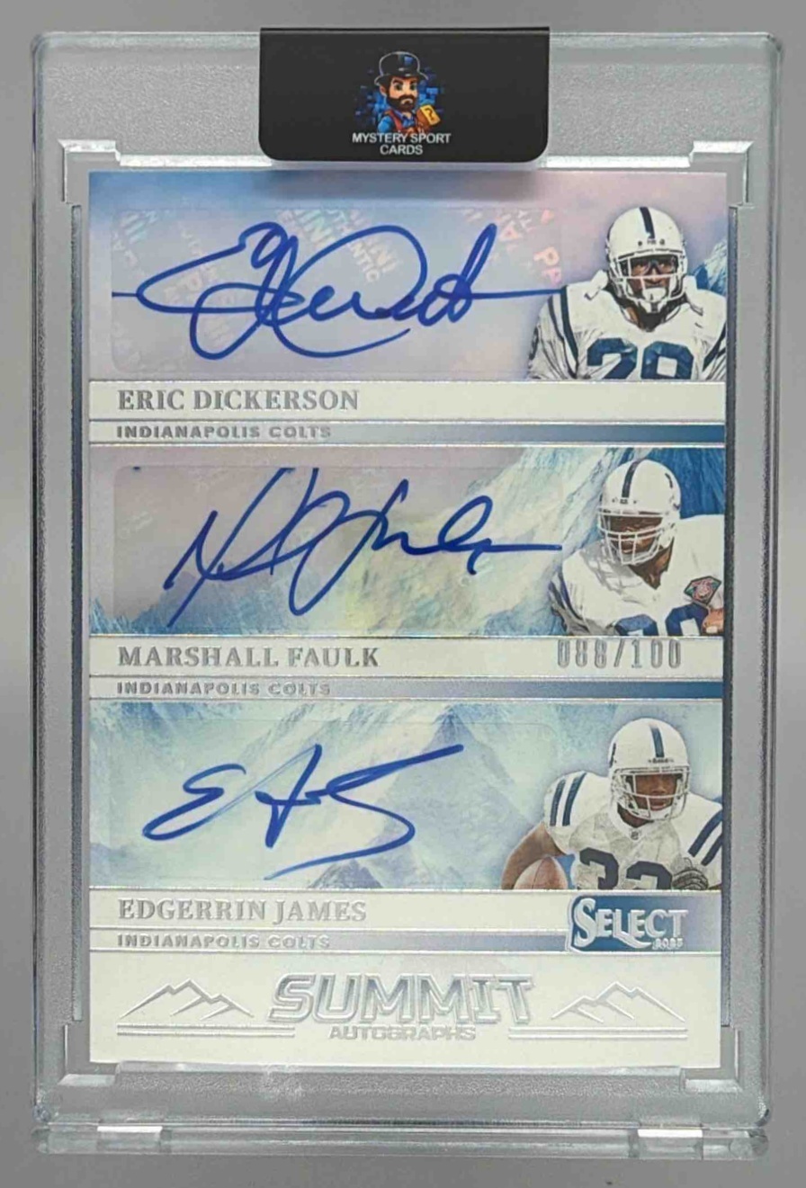 Card image for 2025 Panini Select Eric Dickerson Edgerrin James Marshall Faulk Summit Auto /100 #SAU-IND